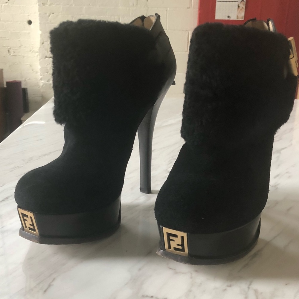 FENDI suede and shearling platform LOGO booties